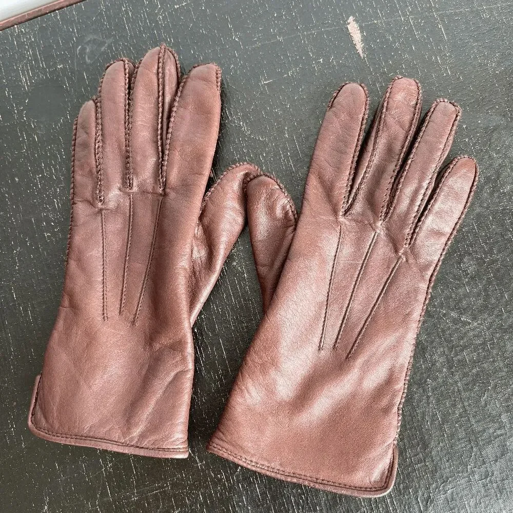 VTG Grandoe Leather Winter Gloves S Polartec Lined Brown 3-Point Stitch Warm